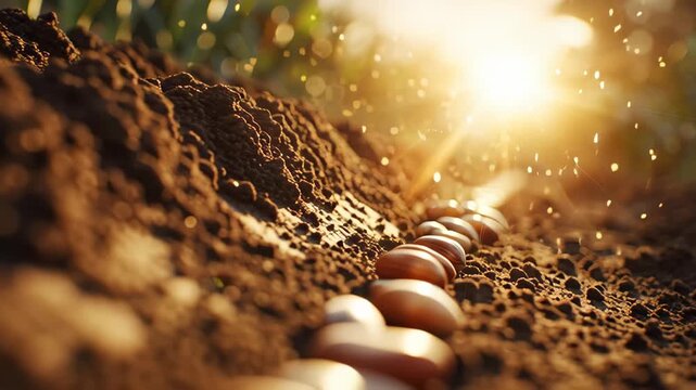 Acorns planted in a row on fertile soil, bathed in warm sunlight, symbolizing growth and new beginnings.