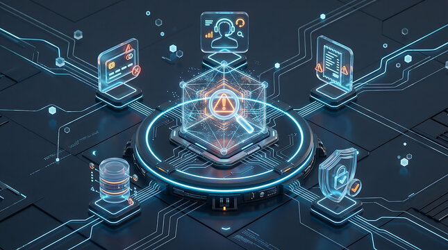 Cyber risk detection and incident response platform with warning alert support dashboard secure records and protected database on dark technology background