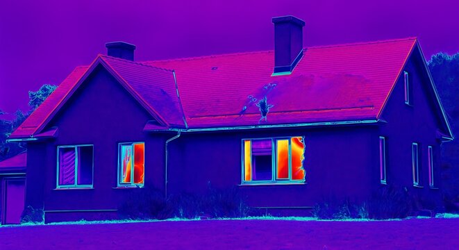 Energy loss a thermal image of a house with heat leaking from windows neon colors