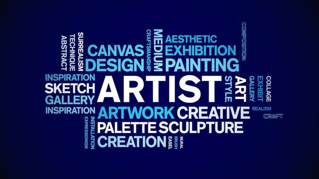 Artist animated word cloud-text design animation tag kinetic typography seamless loop.