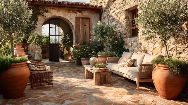 Rustic Mediterranean patio with stone walls, wicker seating, and potted plants
