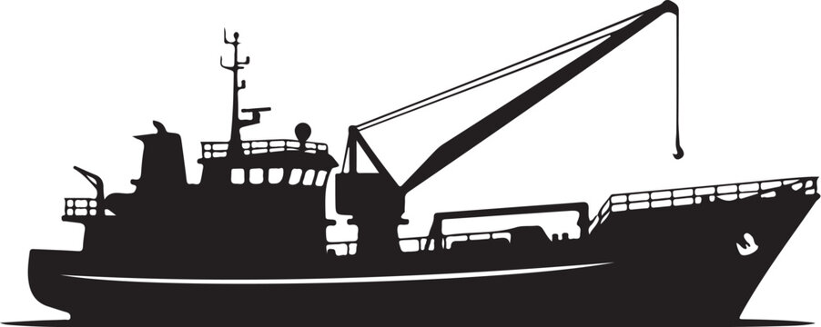 Fishing boat, cargo ship, vessel silhouette, industrial maritime icon, black vector graphic