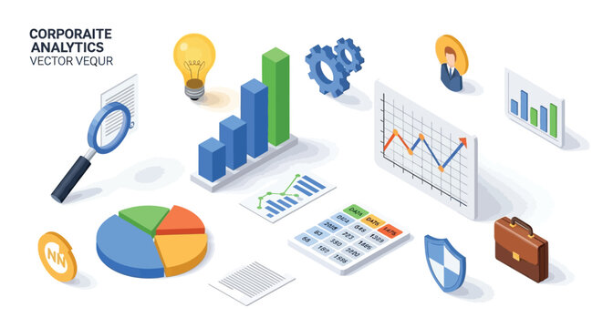 Corporate analytics concept with isometric charts graphs and business icons