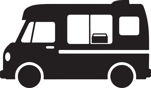 Black camper van, motorhome icon, vehicle silhouette, transportation symbol, travel graphic