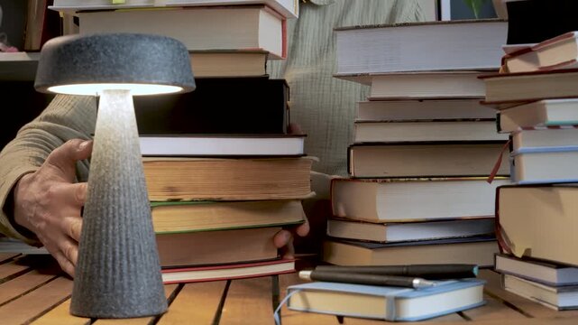 Man holding stack of books on desk with lamp education concept, academic preparation research reading and knowledge accumulation