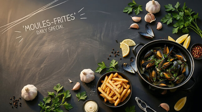Rustic Moules-Frites with Ingredients on Chalkboard Menu Background