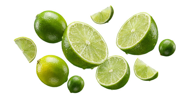 isolated Fresh limes and lime slices are scattered on transparent background