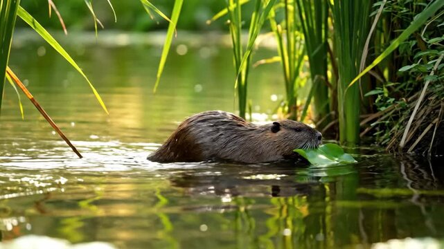 Cute nutria swimming in water with reeds, riverbank plants in natural light, nature, outdoors, animal, wildlife.