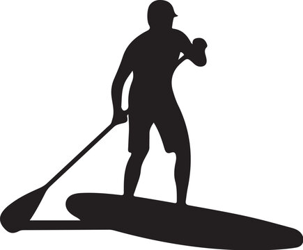 Stand up paddleboard, SUP silhouette, man paddling, water sports icon, black vector