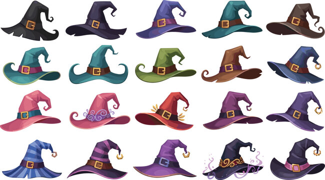 Collection of Colorful Witch Hats for Halloween Fantasy and Magical Themes