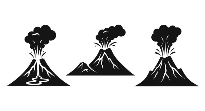 Black silhouettes of erupting volcanoes.