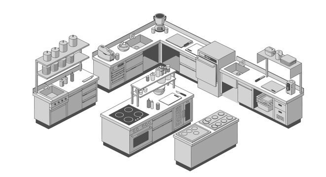 Isometric illustration of a professional kitchen with various stainless steel equipment