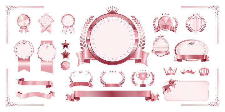 Rose Gold Badge and Label Blank Template Set &ndash; Award Ribbon, Laurel Wreath, Crown, Trophy Icons | Luxury Vector