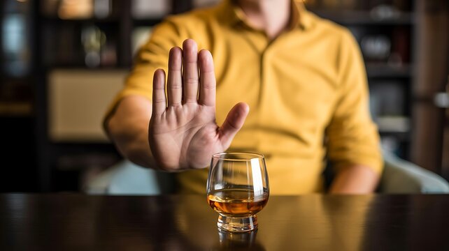 Man in yellow shirt refusing a glass of whiskey with hand