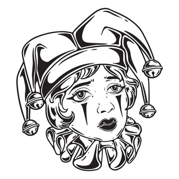 illustration art hand dran black and white girl wearing clown hat logo tattoo and tshirt design