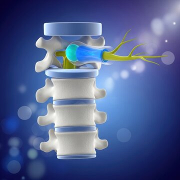 Detailed illustration of a spinal cord with a highlighted nerve pathway