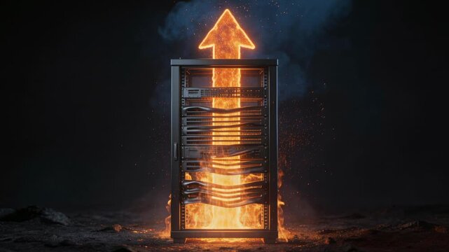 AI data center server rack with a glowing fiery arrow rising. Concept of high performance cloud computing and technological growth. Cinematic 3D animation of data infrastructure scaling