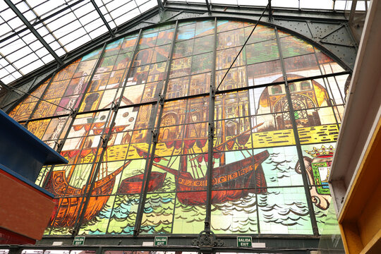 Painted glass facade of the Mercado Central de Atarazanas building in the old town of Malaga, Andalusia, Spain           