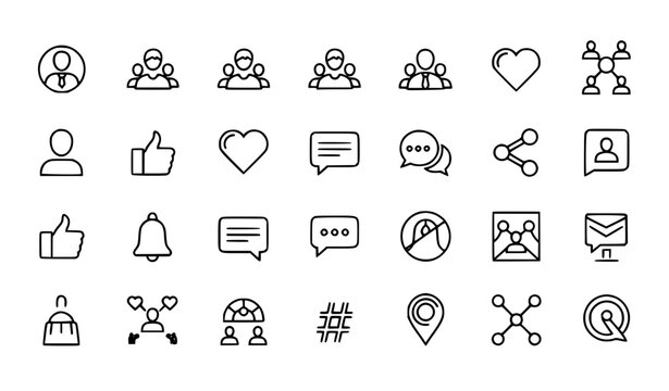Social media line icon set with editable stroke networking like comment and profile symbols vector collection
