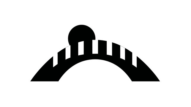 Black and white graphic featuring a stylized arched bridge with rectangular cutouts and a circular element atop