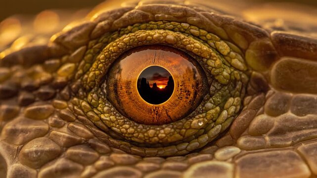 Macro close-up of reptile eye reflects sunset landscape.  Amazing animal eye detail, orange and gold scales.