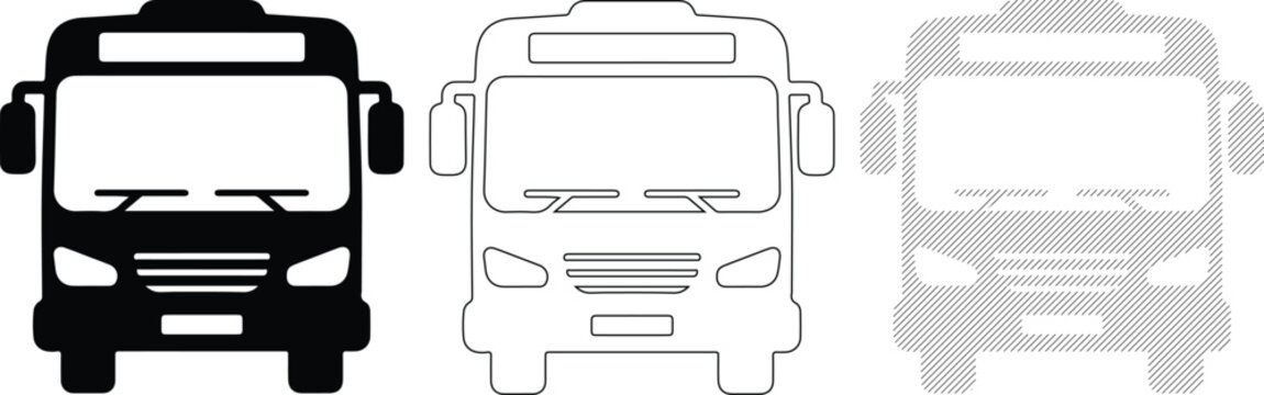 Bus Front View Icons: Solid Black Outline and Hatch Style for Transportation Concepts