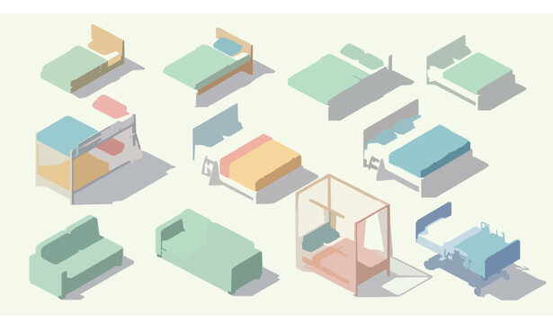 Isometric bed types collection vector illustration