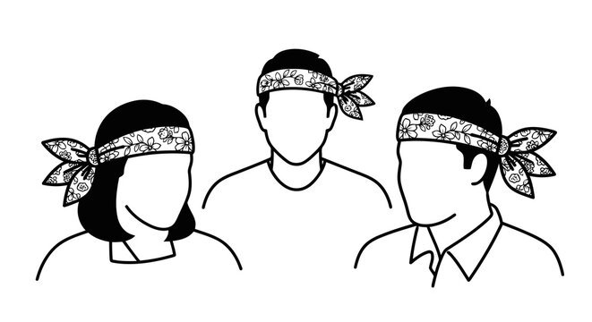 Three faceless people wearing bandanas on their heads in a simple illustration.