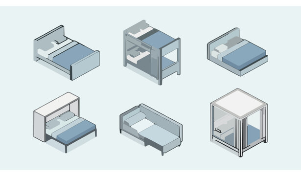 Minimal isometric bed icons vector set