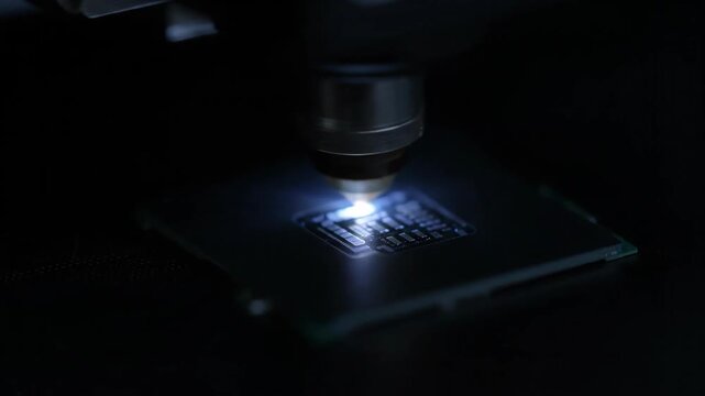 Close up of laser etching a computer chip, technology and industry concept.