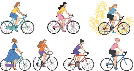 Naklejka premium Women Riding Bicycle Illustration Set with Different Cycling Poses Urban Commuting Lifestyle and Outdoor Fitness Activity Scenes