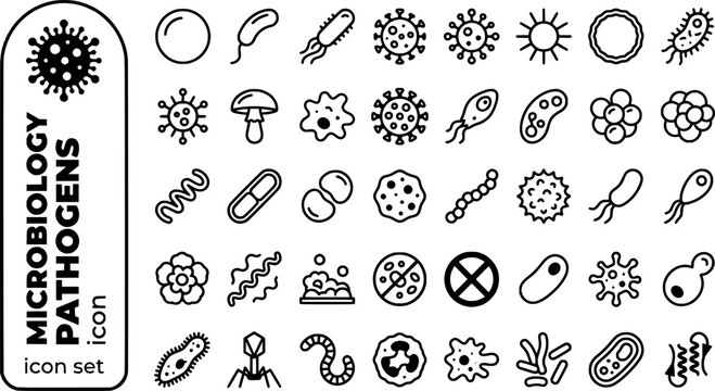 Microbiology Pathogens Bold Line Icons-Bacterium Virus Fungi Protozoa Prion E-Coli Staphylococcus Spirochete Biofilm-25 Microbiology Icon Set Vector - Pathogen Icons