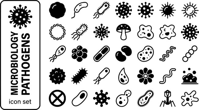 Microbiology Pathogens Bold Line Icons-Bacterium Virus Fungi Protozoa Prion E-Coli Staphylococcus Spirochete Biofilm-25 Microbiology Icon Set Vector - Pathogen Icons