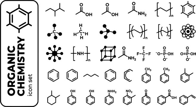Organic Chemistry Bold Line Icons-Benzene Ring Methane Ethanol Carboxylic Acid Amino Acid Polymer Chirality Alkane-25 Organic Chemistry Icon Set Vector - Carbon Chemistry Icons