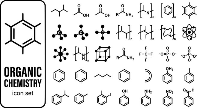 Organic Chemistry Bold Line Icons-Benzene Ring Methane Ethanol Carboxylic Acid Amino Acid Polymer Chirality Alkane-25 Organic Chemistry Icon Set Vector - Carbon Chemistry Icons