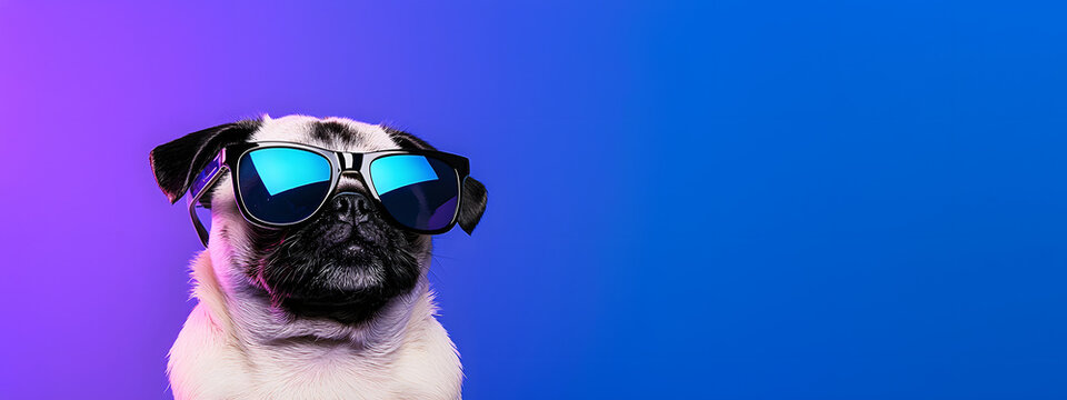 A cute pug in sunglasses is positioned against a gradient purple-blue studio background &ndash; a minimalist composition with copyspace, style, trend, and creative presentation