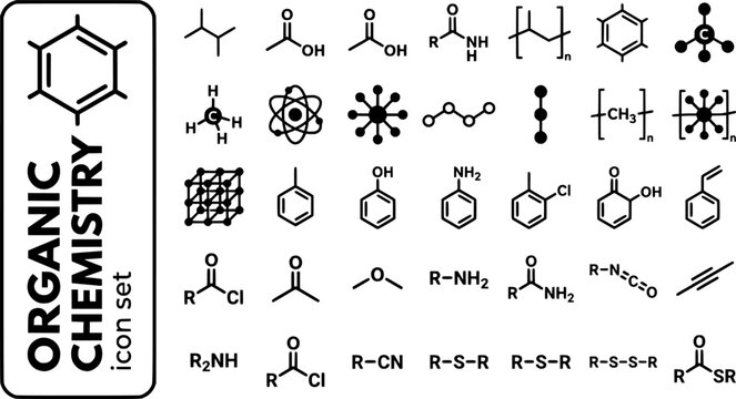 Organic Chemistry Bold Line Icons-Benzene Ring Methane Ethanol Carboxylic Acid Amino Acid Polymer Chirality Alkane-25 Organic Chemistry Icon Set Vector - Carbon Chemistry Icons