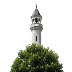 Obraz premium Towering church steeple atop lush green tree foliage against white background.