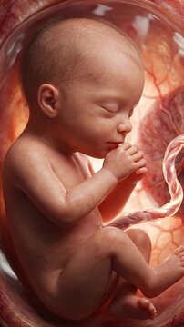 Pregnancy fetus embryo womb uterus umbilical cord unborn prenatal baby gestation concept, human development with amniotic sac, ultrasound view of sleeping baby womb during pregnancy, calm tender