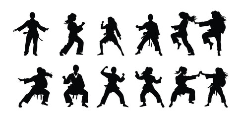 Collection of female martial artist silhouettes performing taekwondo and karate kicking techniques isolated on light background martial arts training. Set of martial arts silhouettes featuring karate © Arshia