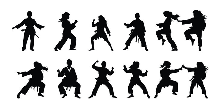 Collection of female martial artist silhouettes performing taekwondo and karate kicking techniques isolated on light background martial arts training. Set of martial arts silhouettes featuring karate