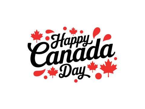A graphic design celebrating Canada Day with red maple leaves and black text on a white background