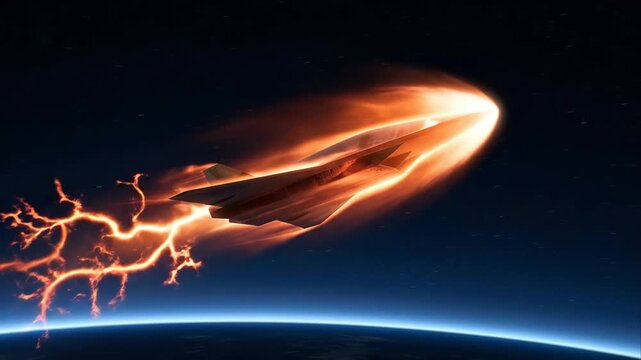 Cinematic shot of a futuristic hypersonic spacecraft flying over Earth covered in fiery plasma and electric arcs during atmospheric reentry