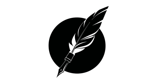 Silhouetted feather quill pen set against a black circle on a white background