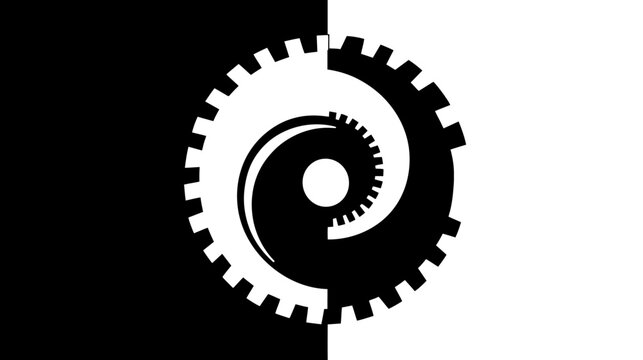 A black and white graphic design featuring a spiral gear over a split background