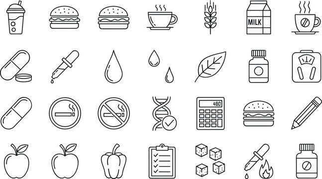 Healthy lifestyle nutrition and medical restriction icon set with vitamins milk coffee burger DNA calculator smoking ban symbols collection