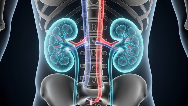 Human Kidney Anatomy with Spine and Blood Vessels 3D Medical Illustration