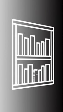 Minimalist glowing white neon line animation of a bookshelf outline icon appearing on a dark grey gradient background with subtle floating particles and geometric elements.