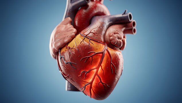 Detailed 3D Illustration of Human Heart Anatomy with Blood Vessels