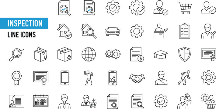 Inspection line icons set with quality control audit checklist certification verification editable stroke outline vector collection for compliance management
